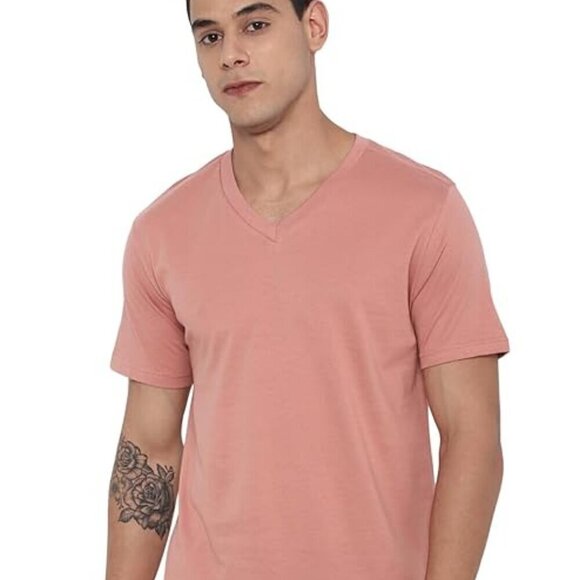 Salmon Cotton Stretchy V-Neck T-Shirt - Picture 1 of 4